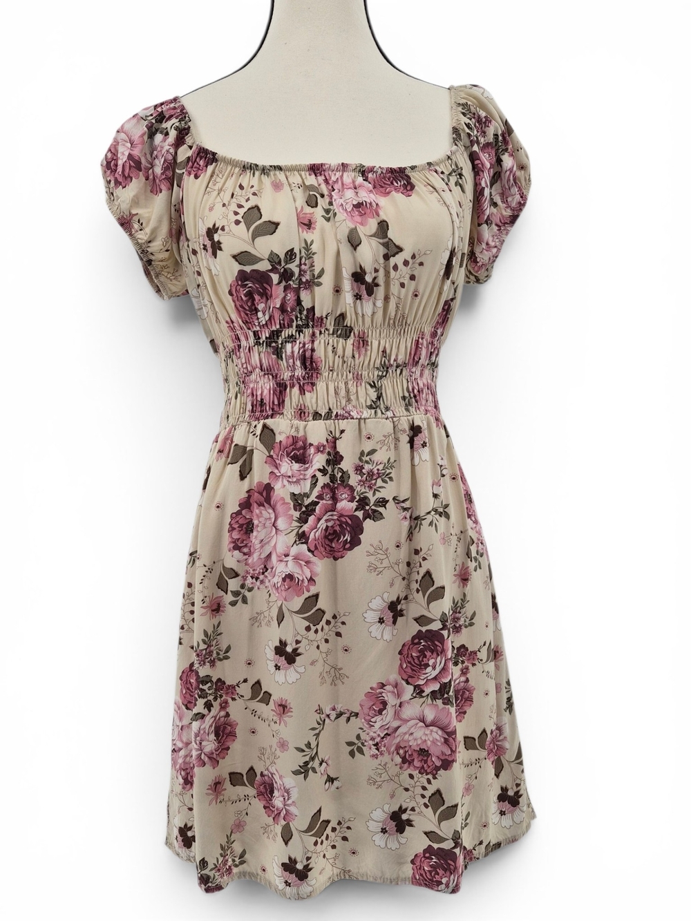 Cream Floral Mini Dress S Puff Sleeve Smocked Waist Coquette Cottagecore Prairie